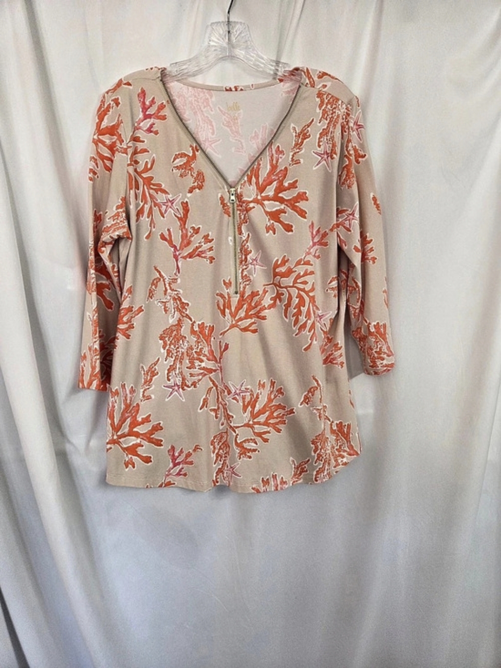 Bella Kim Graver Coral Print Zip Neckline Cream/Orange Top Size M